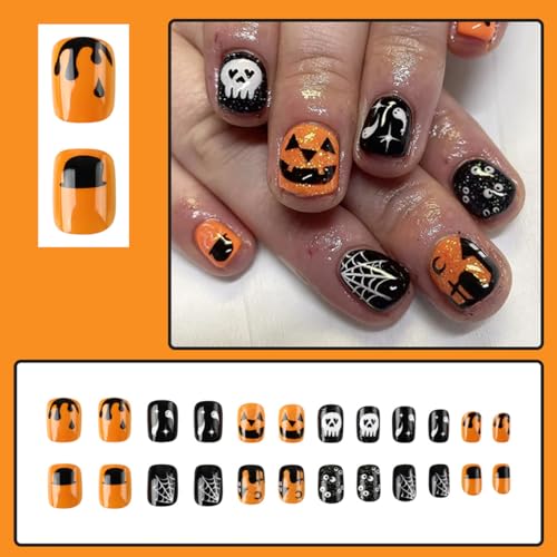 KTAABTR Halloween Press on Nails Short Square Fake Nails with Glue