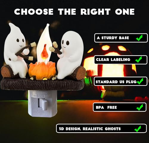 Ghosts Roasting Marshmallows Night Light with Flickering Flame - Halloween Plug-In Lamp - Snowman Christmas Tree Variation