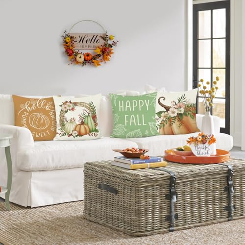 COZZSNUGE Fall Pumpkin Throw Pillow Covers, 18x18 Set of 4 (Pumpkin-3)