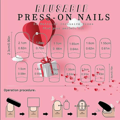 Red Love Heart Press on Nails Pink Ombre Square Fake Nails 24Pcs