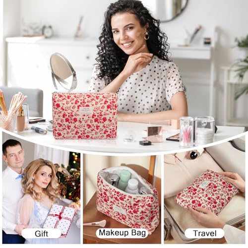 Gosect 2PC Floral Makeup Bag Set Cute Cotton Toiletry Organizer