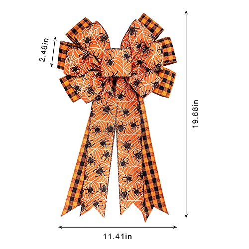 Halloween Buffalo Plaid Bow with Spider Design - Decorative Wreath Topper