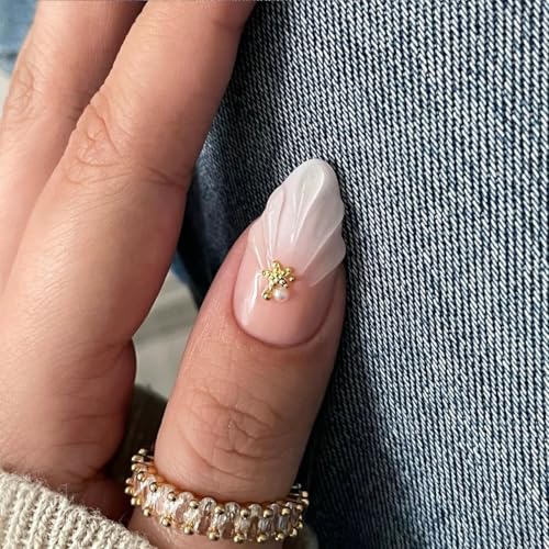 Bloazife 3D Flower French Tip Press On Nails Medium Almond False Nails