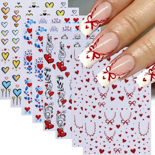 SHUXILIN 8 Sheets Red Heart Bow Nail Art Stickers Self-Adhesive 3D Decals