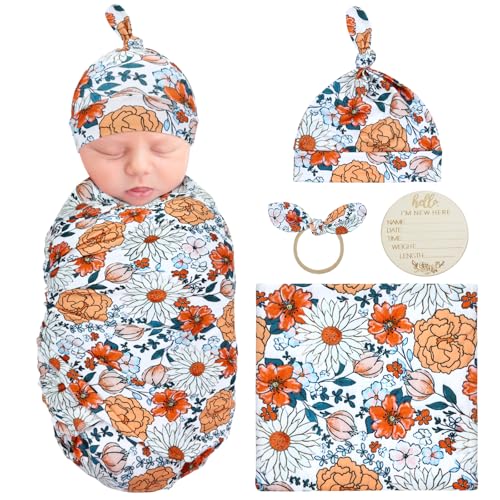 Dizila 4-Piece Newborn Swaddle Blanket Set - Set 5 with Hat, Bow & Card