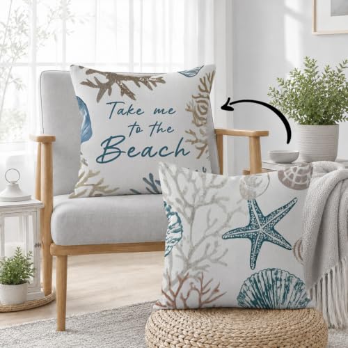 Coastal Beach Starfish & Seashell Throw Pillow Cover 18x18, Beach B Design