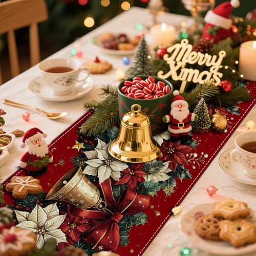 Christmas Table Runner 13x72 Inches - Red Vintage Poinsettia Variation