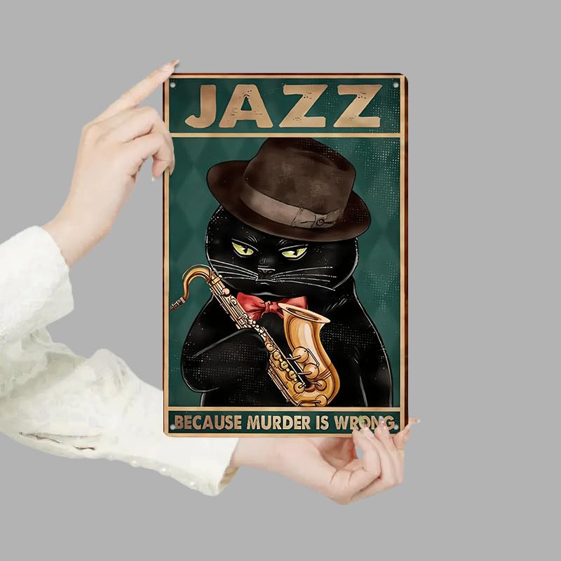 Cat Playing Clarinet Retro Metal Tin Sign Vintage Wall Art 8x12 Inch