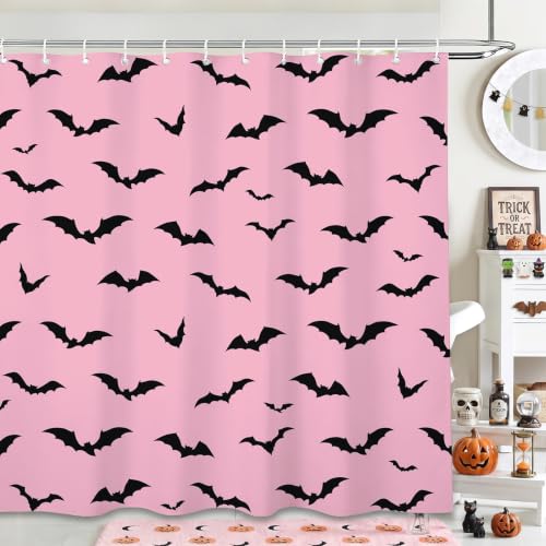 Halloween Shower Curtain with Pink Bats - Waterproof 72x72