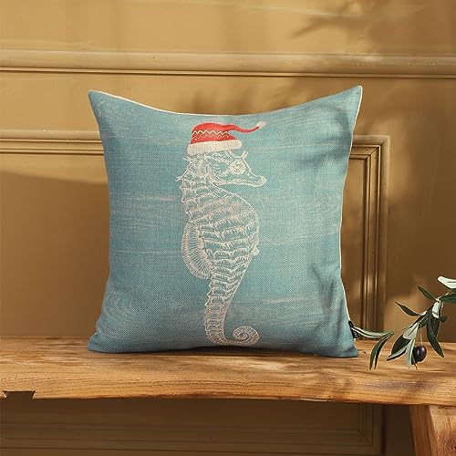 Nautical Christmas Pillow Cover 18x18 - Seahorse Linen Decor