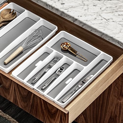 madesmart Premium Antimicrobial Classic Large Silverware Tray Soft Grip, Non-Slip Kitchen Drawer, 6 Compartments, Multi-Purpose Home Organization, EPA Certified, White