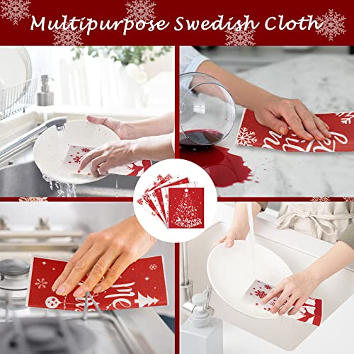 Red Christmas Swedish Dishcloths Set - Reusable Kitchen Towels with Snowflake Reindeer Tree Design