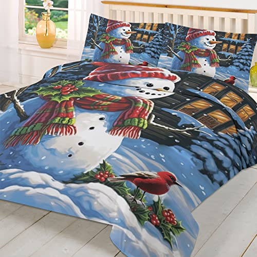 Blue California King Christmas Bedding Set Snowman Farmhouse Duvet Cover Comforter Cover