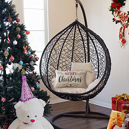 Merry Christmas Lumbar Pillow Cover, Holly Berry Linen 12x20 Inch - White