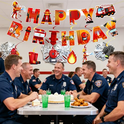 Firetruck Birthday Party Decorations Set with Banner and Hanging Swirls