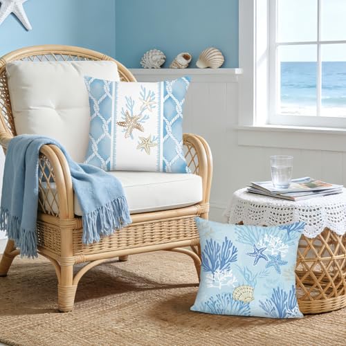 Bonhause Coastal Ocean Throw Pillow Covers, 18x18 Inch, Set of 4, Blue