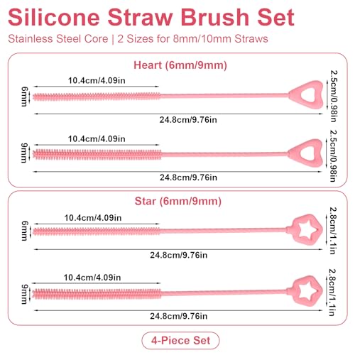 Penitue Silicone Straw Cleaner Brushes - 4 Pack, Pink Star & Heart