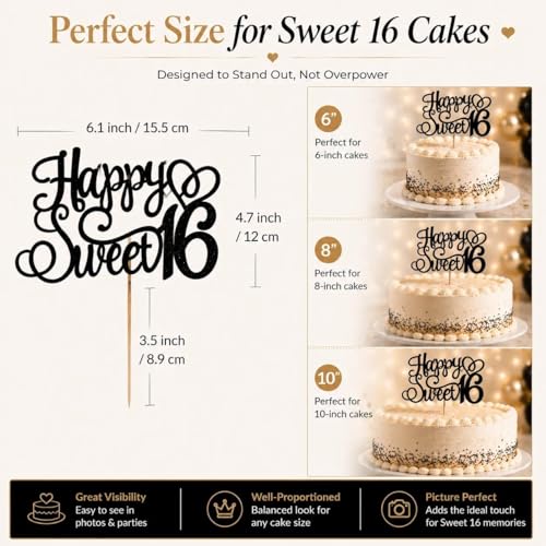 Elegant Black Glitter Sweet 16 Cake Topper for Birthday