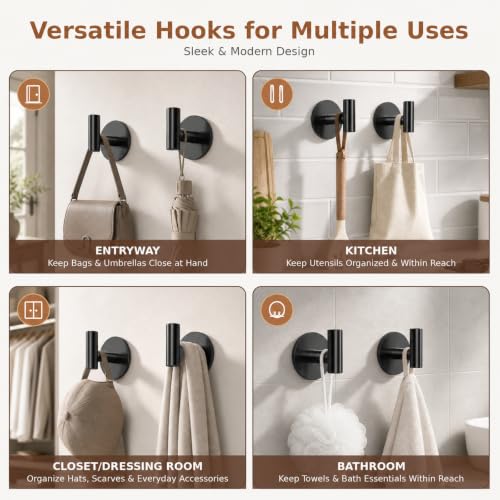Heavy Duty Self-Adhesive Coat Hooks - Stainless Steel Wall Hooks (2 Pack, Black)