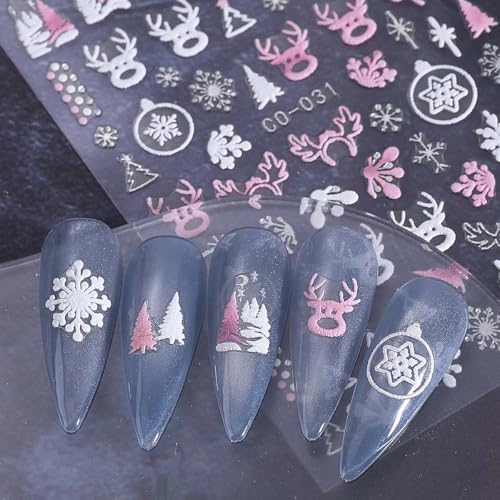 SWEET TREND 12pcs Christmas Nail Stickers - Matte Self-Adhesive Snowflake & Reindeer Holiday Manicure Decals