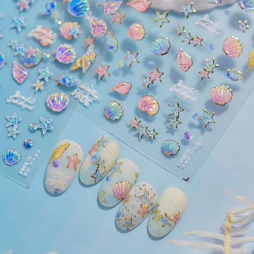 5D Embossed Marine Life Nail Stickers - Shell & Starfish Self-Adhesive Decals
