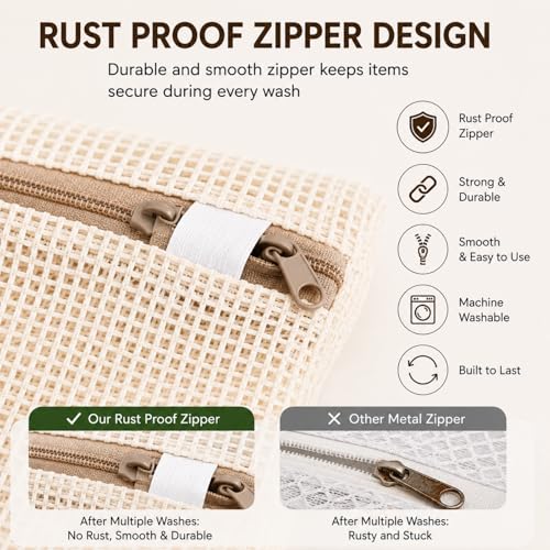 Natural Cotton Mesh Laundry Bags Set of 4 - XXL, XL, L, M with Rust-Proof Zippers