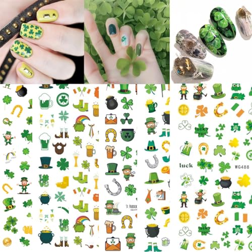 St. Patrick's Day 3D Nail Art Stickers - 6 Sheets Green Shamrock Decals