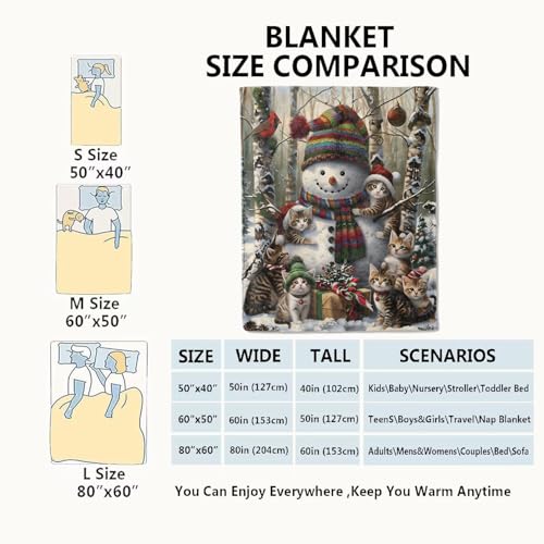 Festive Snowman & Cats Blanket - Christmas Throw Blanket 50x60in - Cozy Holiday Decor