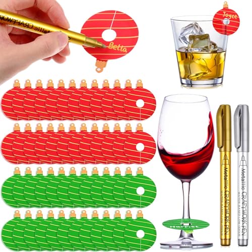 Christmas Ball Wine Glass Charms Set - 48 Paper Drink Markers with Gold & Silver Markers - Holiday Party Favors