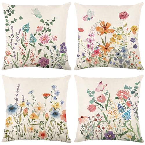 Spring Farmhouse Throw Pillow Covers 18x18, Set of 4 (Spring 02)