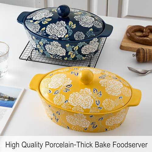 Yellow Ceramic Casserole Dish with Lid - Oven Safe Baking Pan for Cooking & Serving
