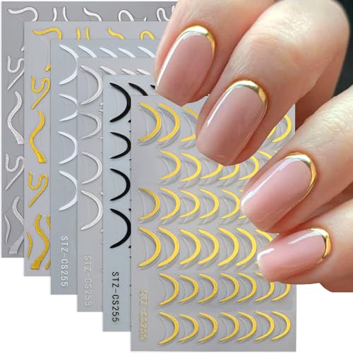 BYJKYEN French Tip Nail Stickers Gold Silver Wave Line Art Decals 6 Sheets