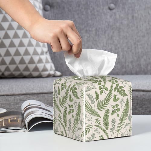 Square Leather Tissue Box Cover - Leaves and Herbs Pattern - 5.2 Inch