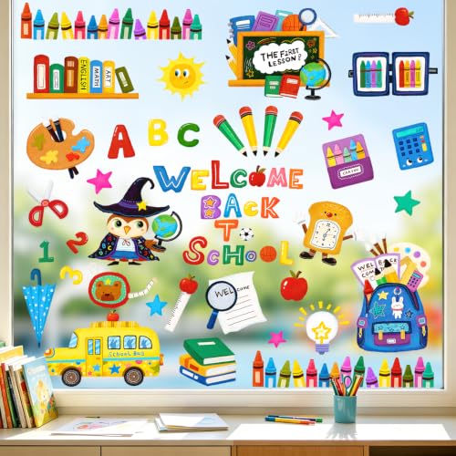 Back to School Window Clings - Owl, School Bus & Crayon Decor