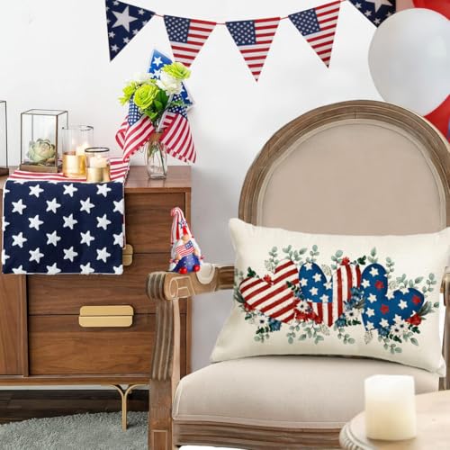 4th of July Pillow Cover 12x20 Inch | Patriotic Hearts Decor