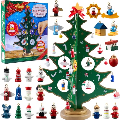 Christmas Advent Calendar with Wooden Tree and Ornaments - 24 Days Countdown Gift for Kids