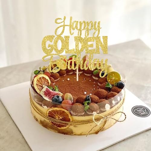 Happy Golden Birthday Cake Topper - Gold Glitter Decoration for All Ages
