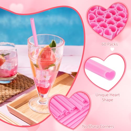 60 PCS Heart Shaped Straws - Dark Pink Disposable Party Straws