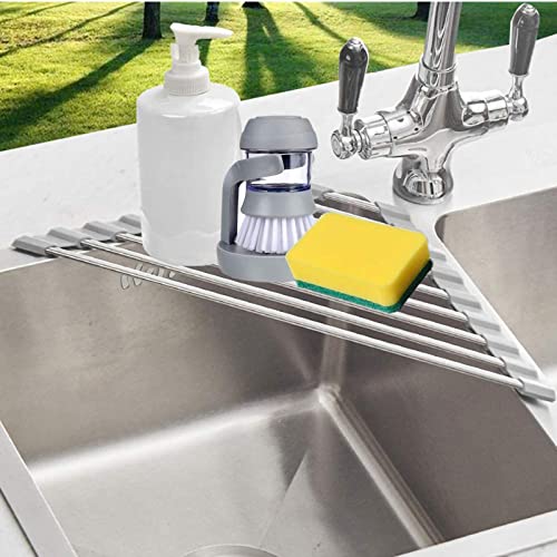 Triangle Dish Drying Rack - Roll Up Folding Stainless Steel Mat for Sink Corner - Gray