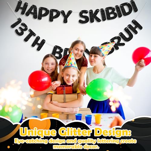 Happy Skibidi 13th Birthday Banner | Pre-Strung Black Glitter Sign