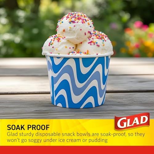 Glad Everyday Disposable Paper Snack Bowls 12 oz Blue Wave Print, Pack of 20