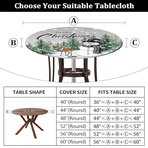 Christmas Fitted Round Tablecloth with Elastic Snowmen & Green Trees - Waterproof 44 Inch, Outdoor Holiday Decor - Variation: Green / 44"
