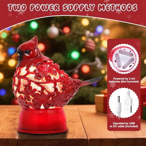 GlexpFesti Cardinal Christmas Snow Globe Lantern with 6H Timer USB & Battery Operated