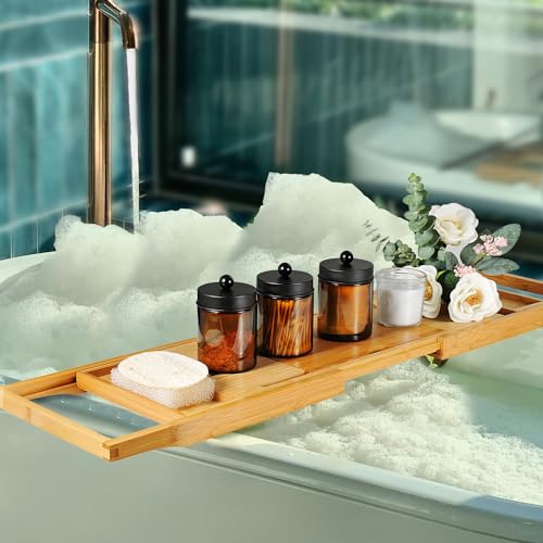 Amolliar Amber Glass Apothecary Jars, 8oz Bathroom Vanity Organizer - 2 Pack Black