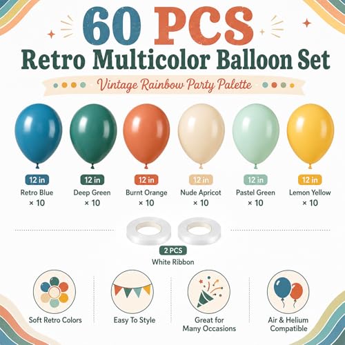 60PCS Retro Multicolor Balloons Set for Birthday & Baby Showers