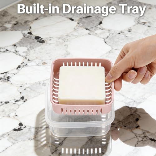 Leak-Proof Square Soap Dish Travel Case with Drainage - Light Pink