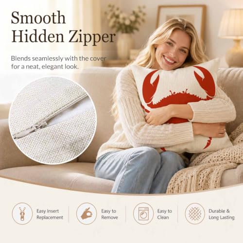 Red Crab Linen Throw Pillow Cover 18x18 Inch Nautical Decorative Cushion for Couch & Bedroom