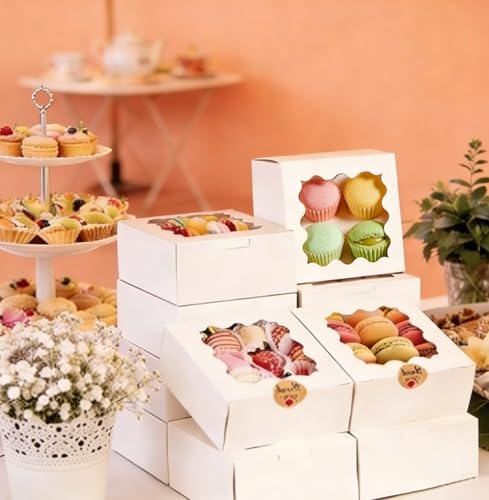 26 Pcs Cookie Boxes with Window & Stickers - 4x4x2.5 Inches