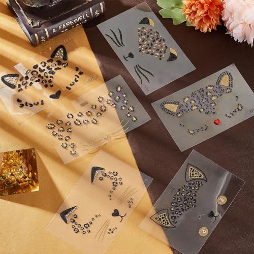 OLYCRAFT Crystal Cat Face Jewels - 6 Sheets Leopard Rhinestone Stickers