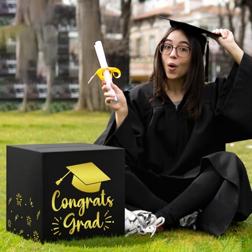 Graduation Card Box 9.1" - Black Gold Money Holder for Class of 2026